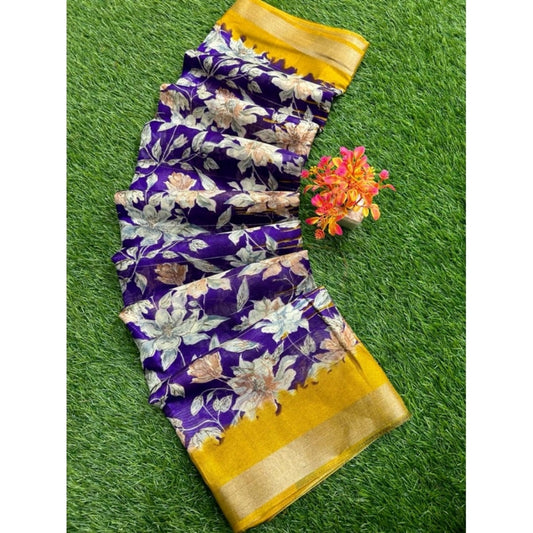 Women's linen Printed Saree With Unstitched Blouse (Purple, 5-5 Mtrs)