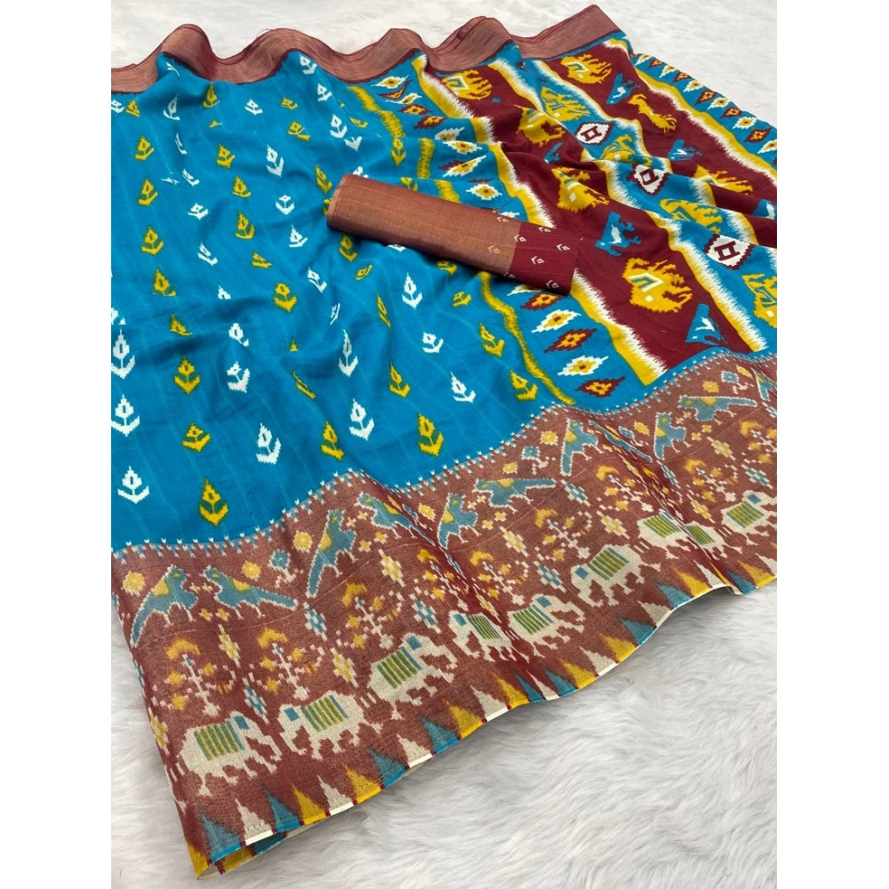 Women's Silk Blend Printed Saree With Unstitched Blouse (Light Blue, 5-5 Mtrs)