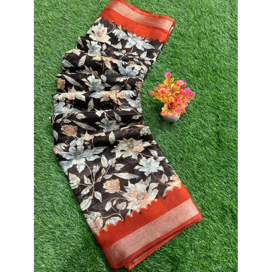 Women's linen Printed Saree With Unstitched Blouse (Black, 5-5 Mtrs)