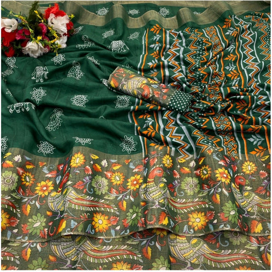 Women's Silk Blend Printed Saree With Unstitched Blouse (Green, 5-5 Mtrs)
