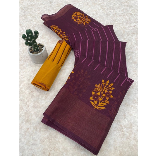 Women's Cotton Blend Printed Saree With Unstitched Blouse (Magenta, 5-5 Mtrs)