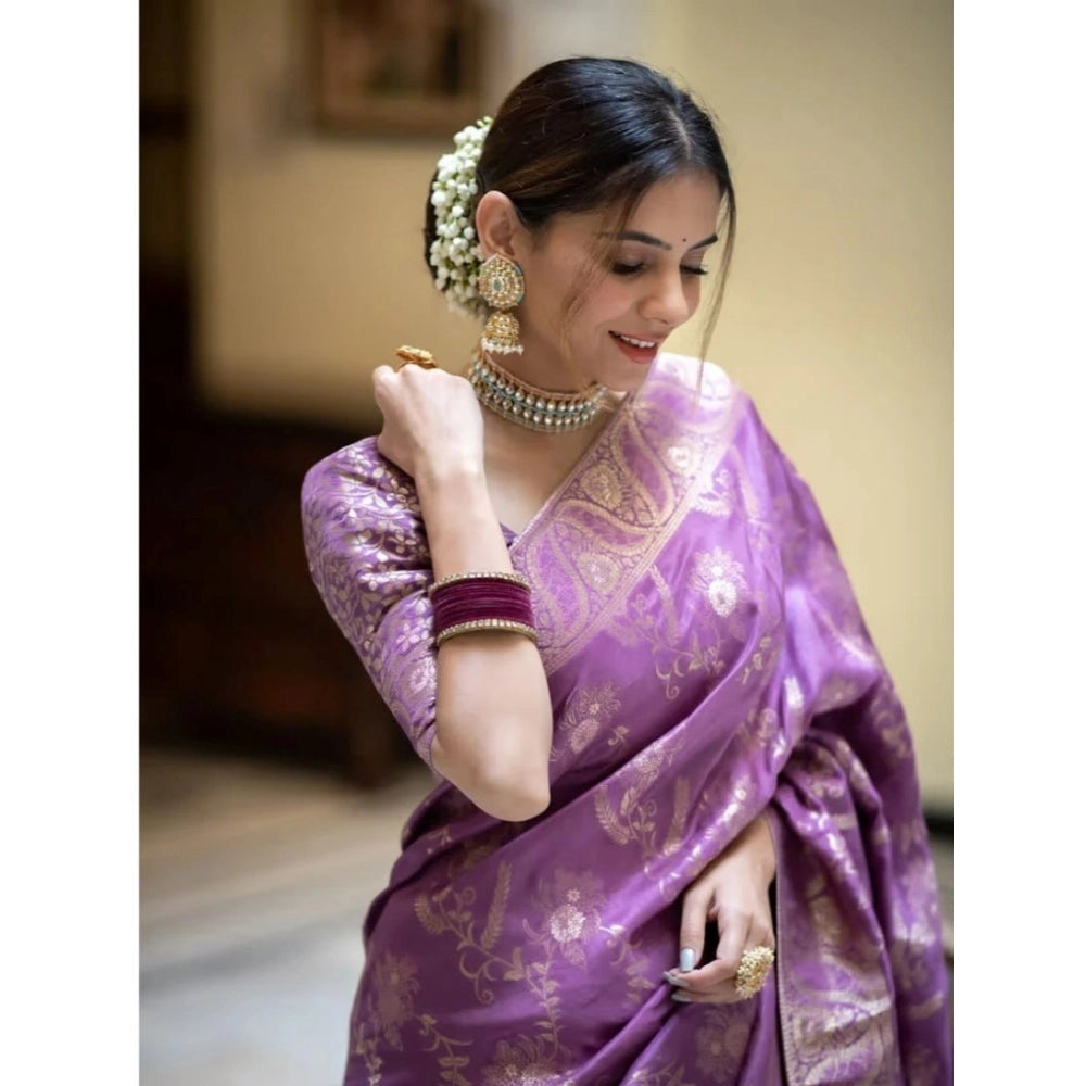 Women's Art Silk Embellished Kanjivaram Saree With Unstitched Blouse (5.5Mtr, Lavender)