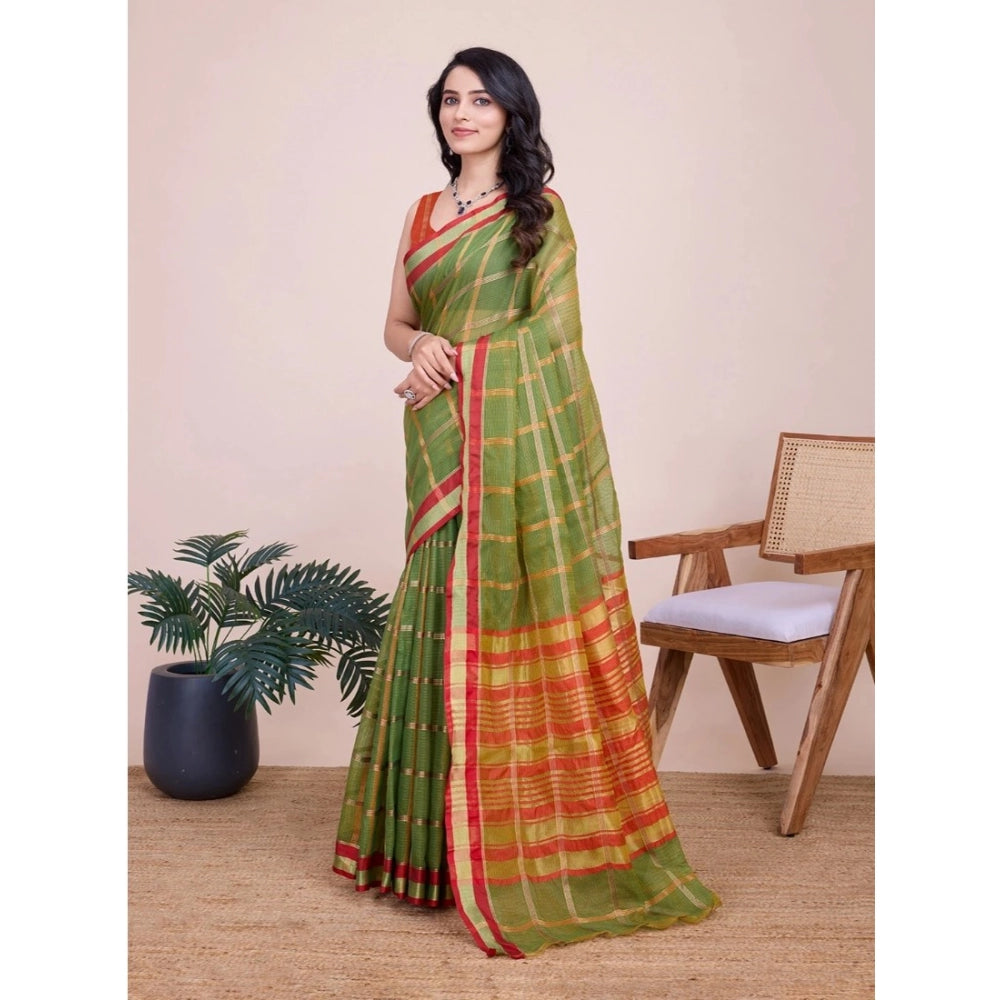 Women's Cotton Silk Checkered Kota Doria Saree With Unstitched Blouse (5.5Mtr, Mehendi)