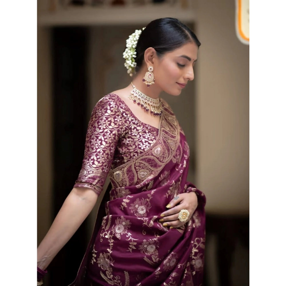 Women's Art Silk Embellished Kanjivaram Saree With Unstitched Blouse (5.5Mtr, Purple)