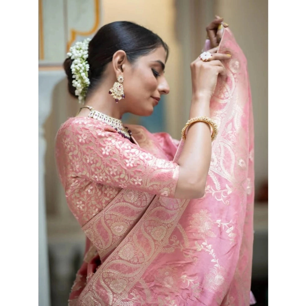 Women's Art Silk Embellished Kanjivaram Saree With Unstitched Blouse (5.5Mtr, Peach)
