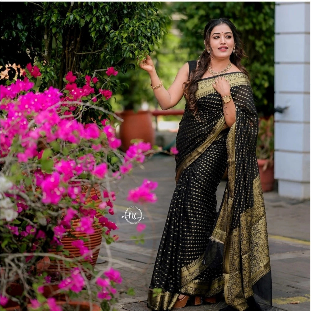 Women's Silk Woven Kanjivaram Saree With Unstitched Blouse (5.5Mtr, Black)