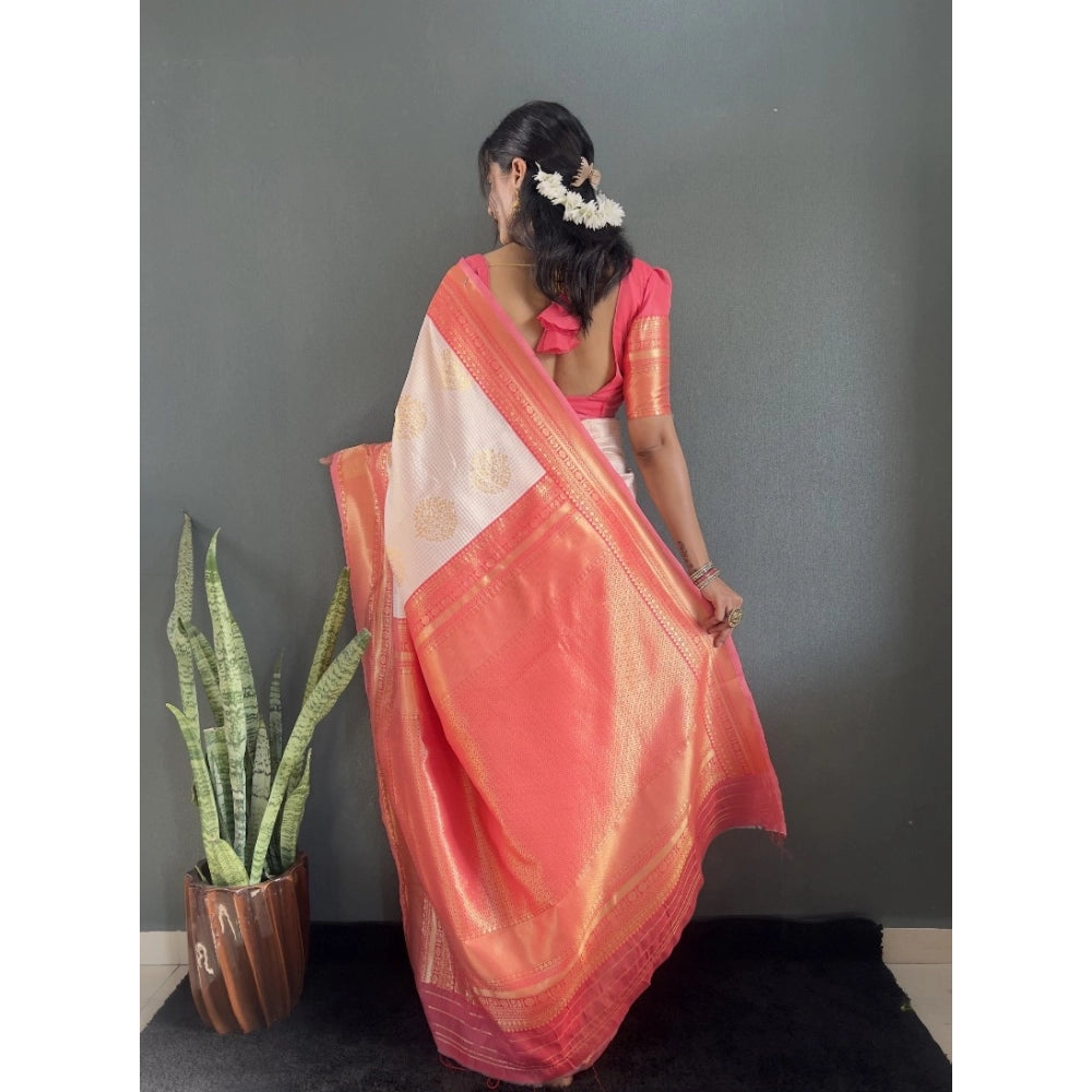 Women's Silk Blend Woven Kanjivaram Saree With Unstitched Blouse (5.5Mtr, Peach)