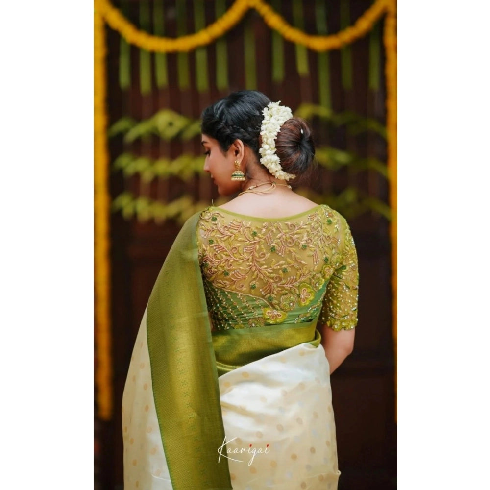 Women's Silk Blend Self Design Banarasi Saree With Unstitched Blouse (5.5Mtr, White Green)