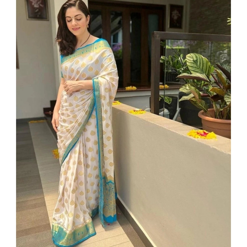 Women's Silk Blend Woven Kanjivaram Saree With Unstitched Blouse (5.5Mtr, White Rama)