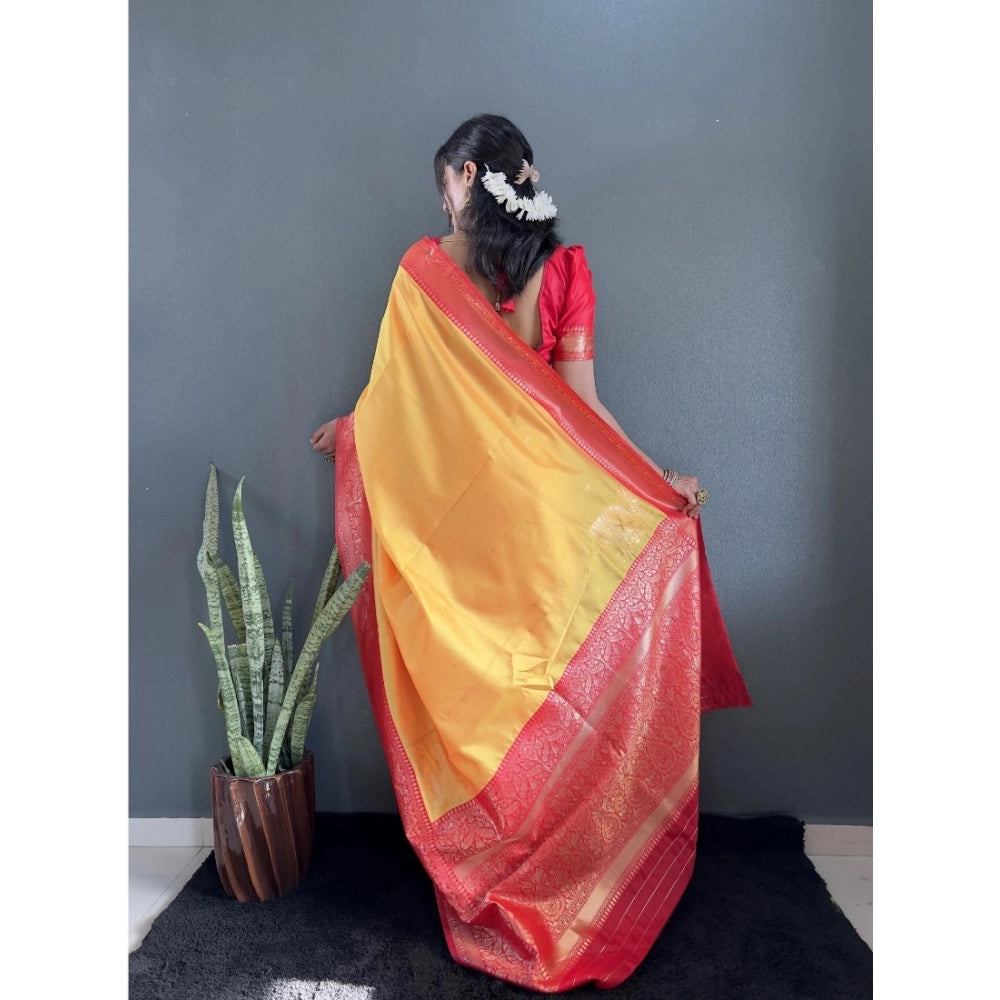 Women's Silk Blend Woven Kanjivaram Saree With Unstitched Blouse (5.5Mtr, Yellow Red)