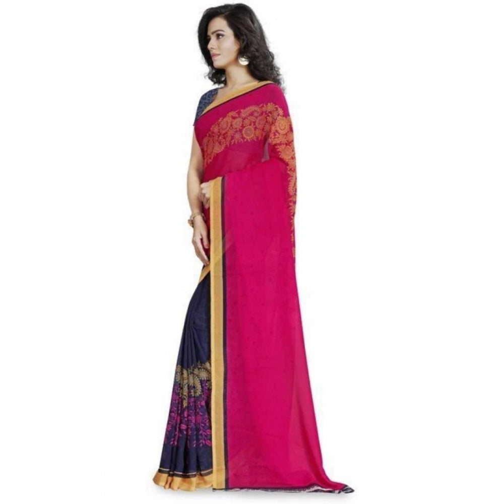 Women's Faux Georgette Printed Saree With Unstitched Blouse 5.5Mtr (Pink)