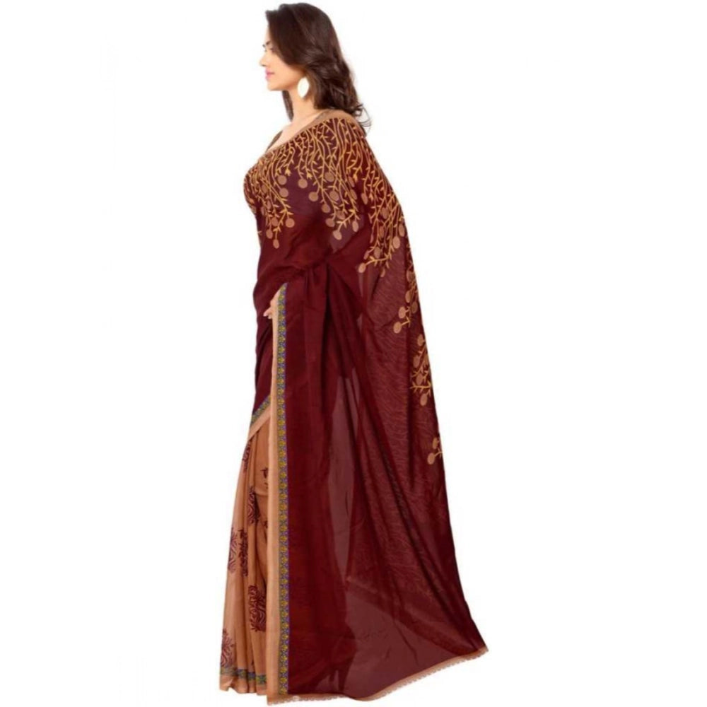 Women's Faux Georgette Printed Saree With Unstitched Blouse 5.5Mtr (Red)