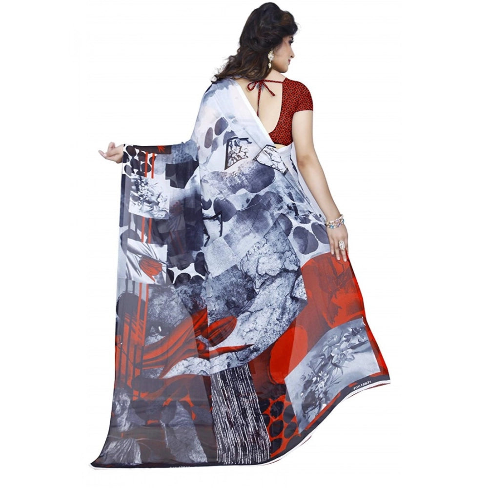 Women's Faux Georgette Printed Saree With Unstitched Blouse 5.5Mtr (Black)