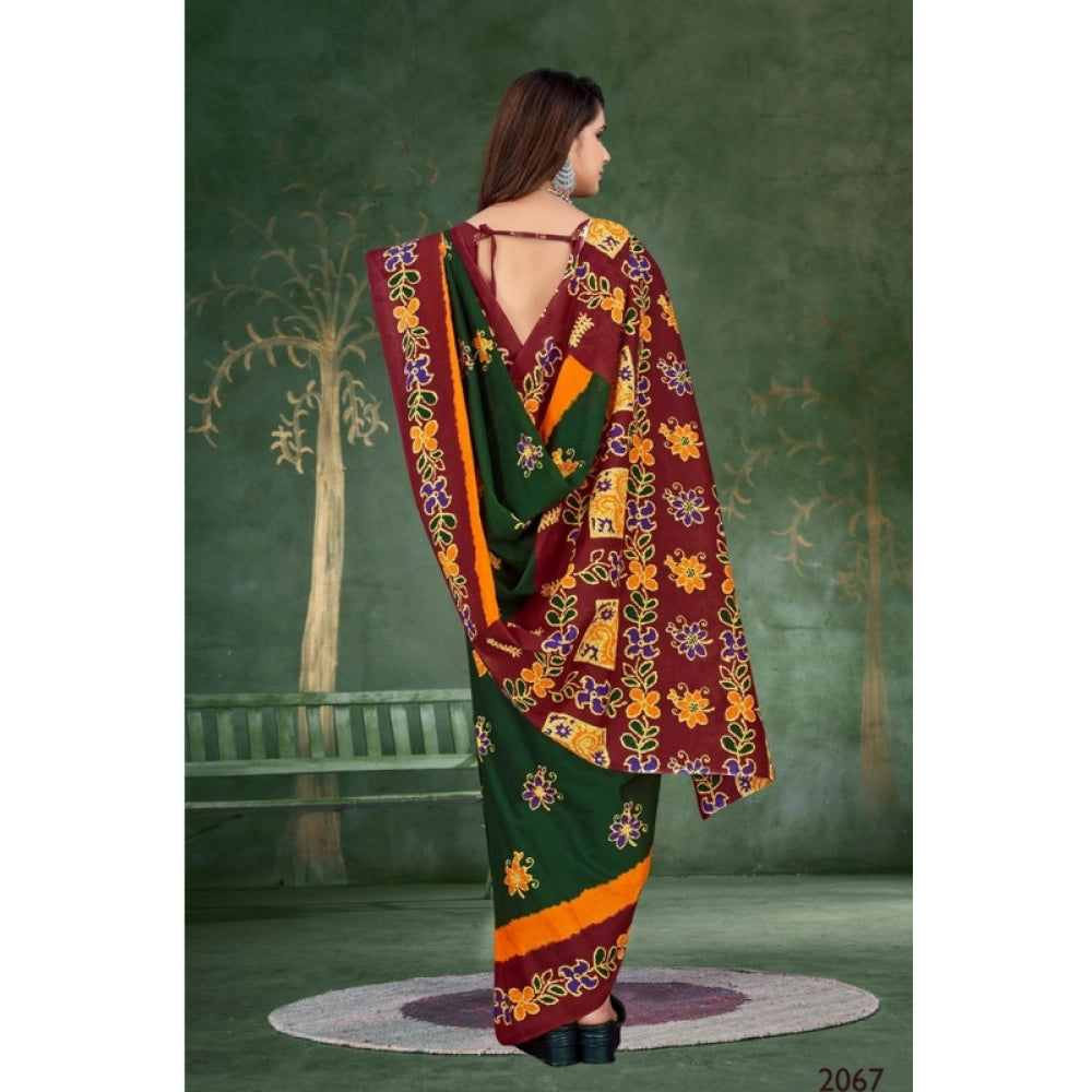 Women's Soft Pure Cotton Printed Saree With Unstitched Blouse 5.5Mtr (Green)
