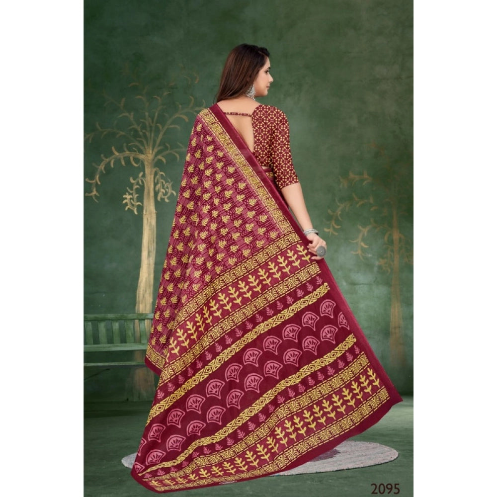 Women's Soft Pure Cotton Printed Saree With Unstitched Blouse 5.5Mtr (Maroon)