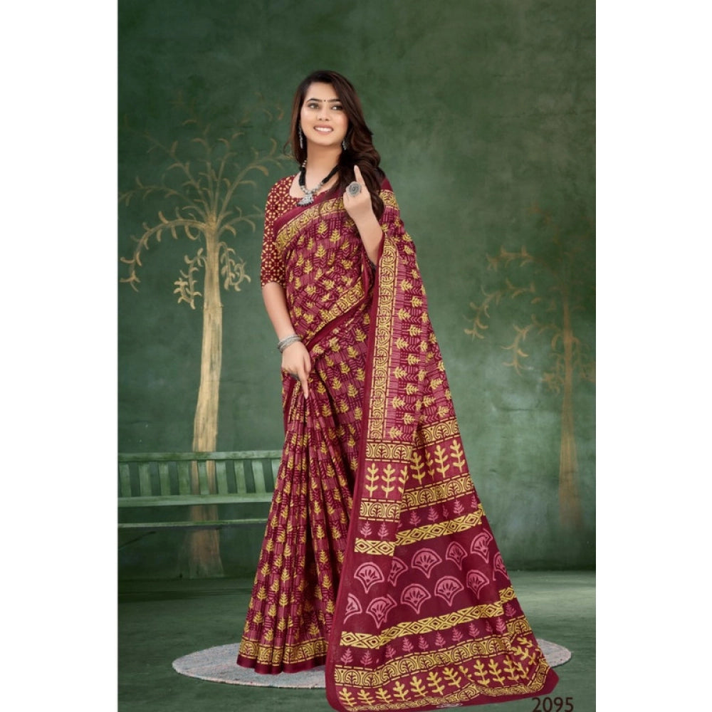 Women's Soft Pure Cotton Printed Saree With Unstitched Blouse 5.5Mtr (Maroon)