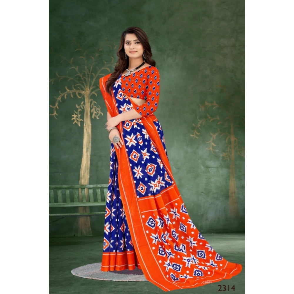 Women's Soft Pure Cotton Printed Saree With Unstitched Blouse 5.5Mtr (Blue)