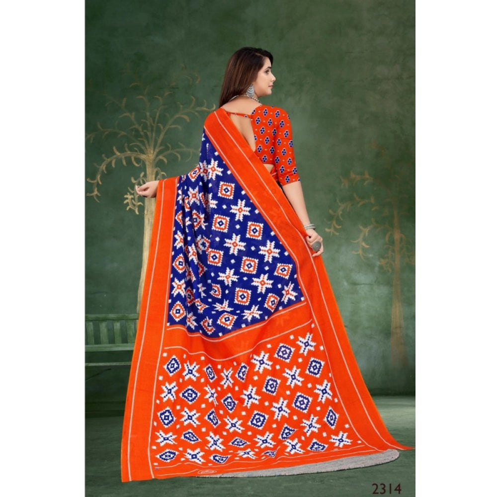 Women's Soft Pure Cotton Printed Saree With Unstitched Blouse 5.5Mtr (Blue)