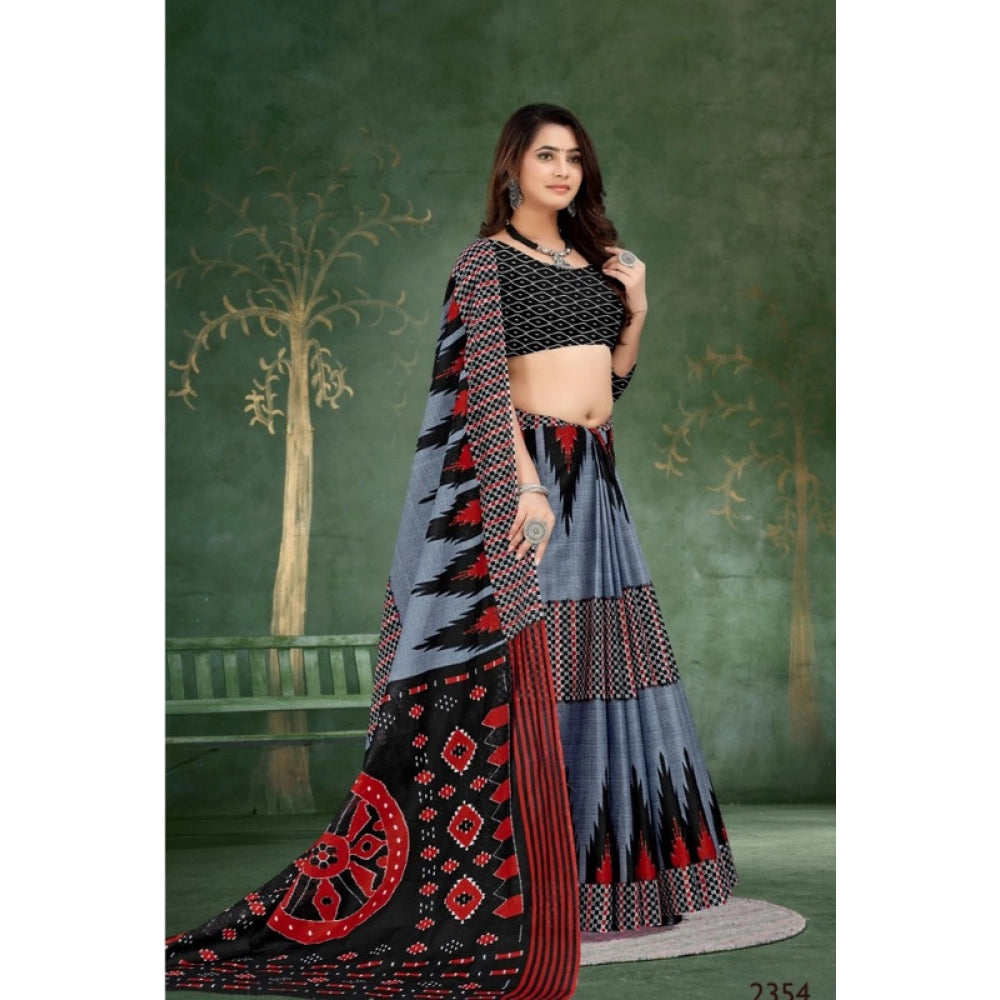 Women's Soft Pure Cotton Printed Saree With Unstitched Blouse 5.5Mtr (Grey)
