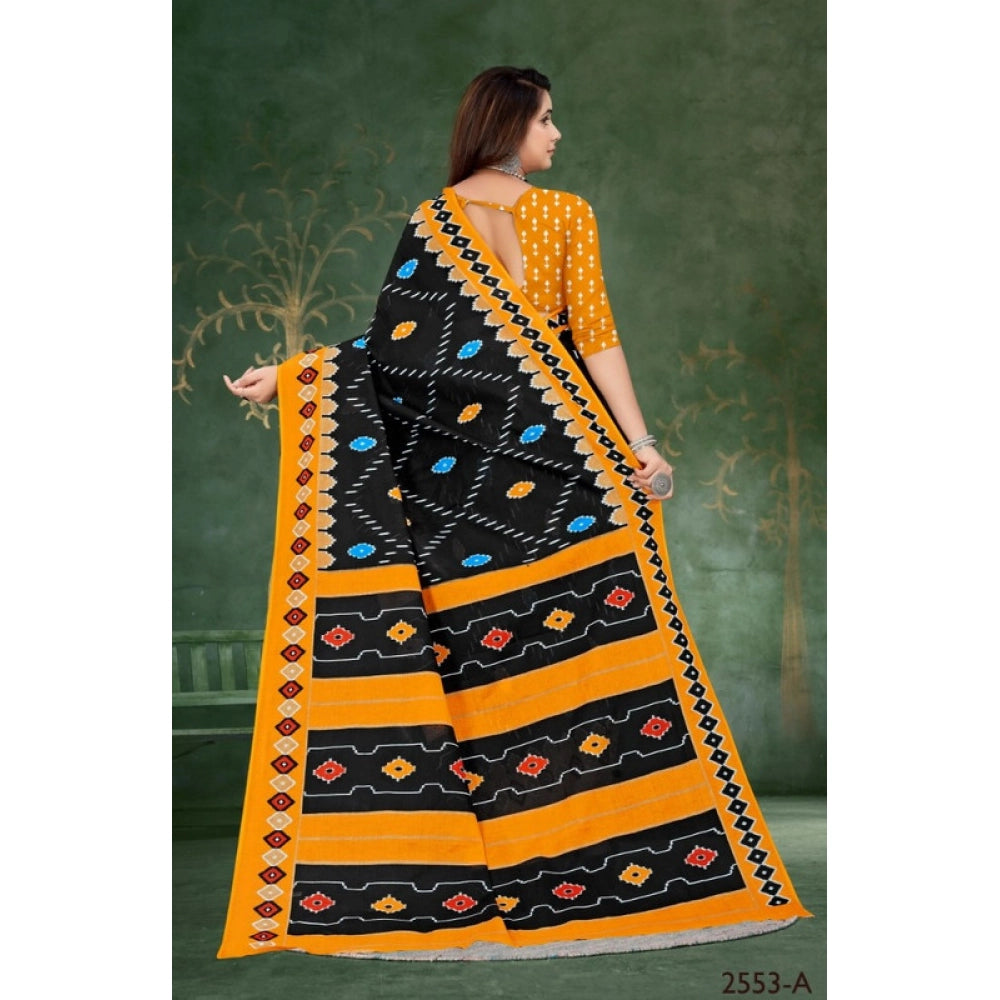 Women's Soft Pure Cotton Printed Saree With Unstitched Blouse 5.5Mtr (Black)