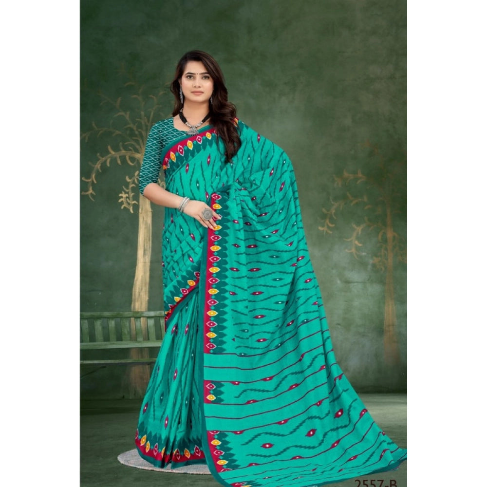 Women's Soft Pure Cotton Printed Saree With Unstitched Blouse 5.5Mtr (Blue)