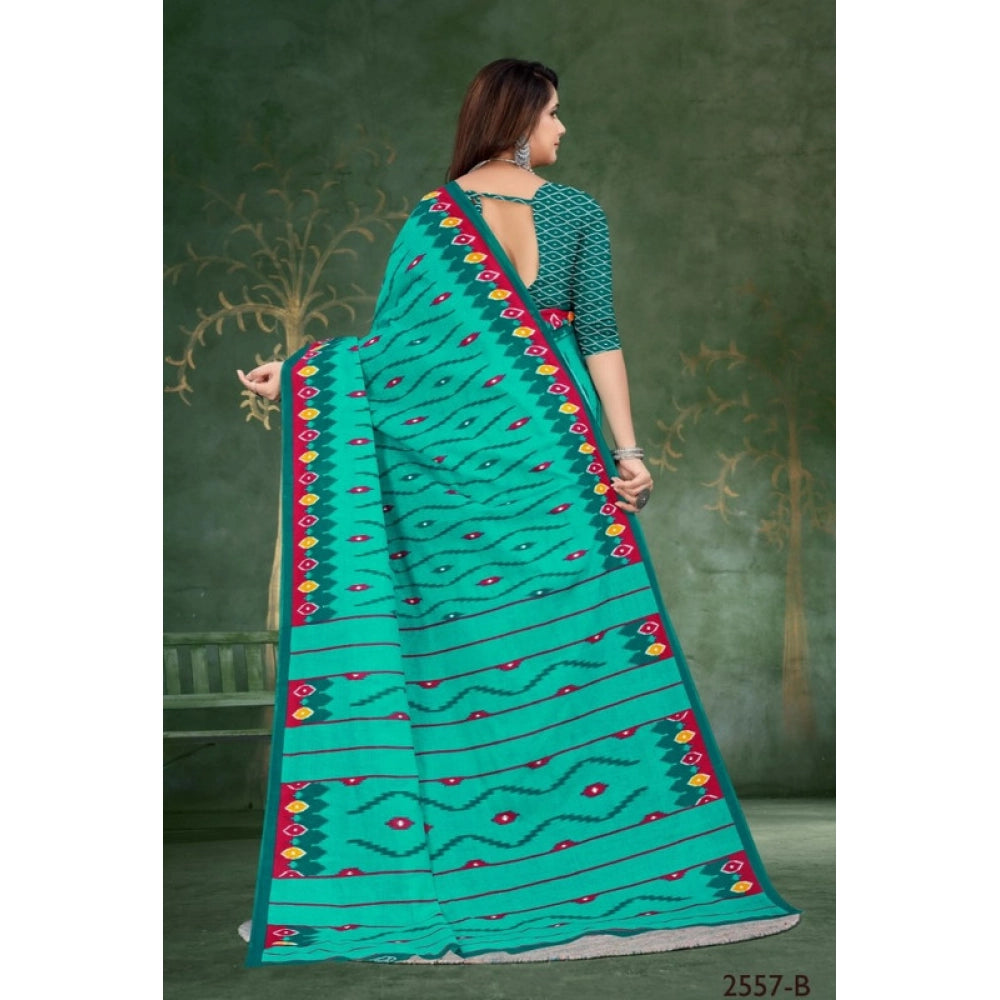 Women's Soft Pure Cotton Printed Saree With Unstitched Blouse 5.5Mtr (Blue)