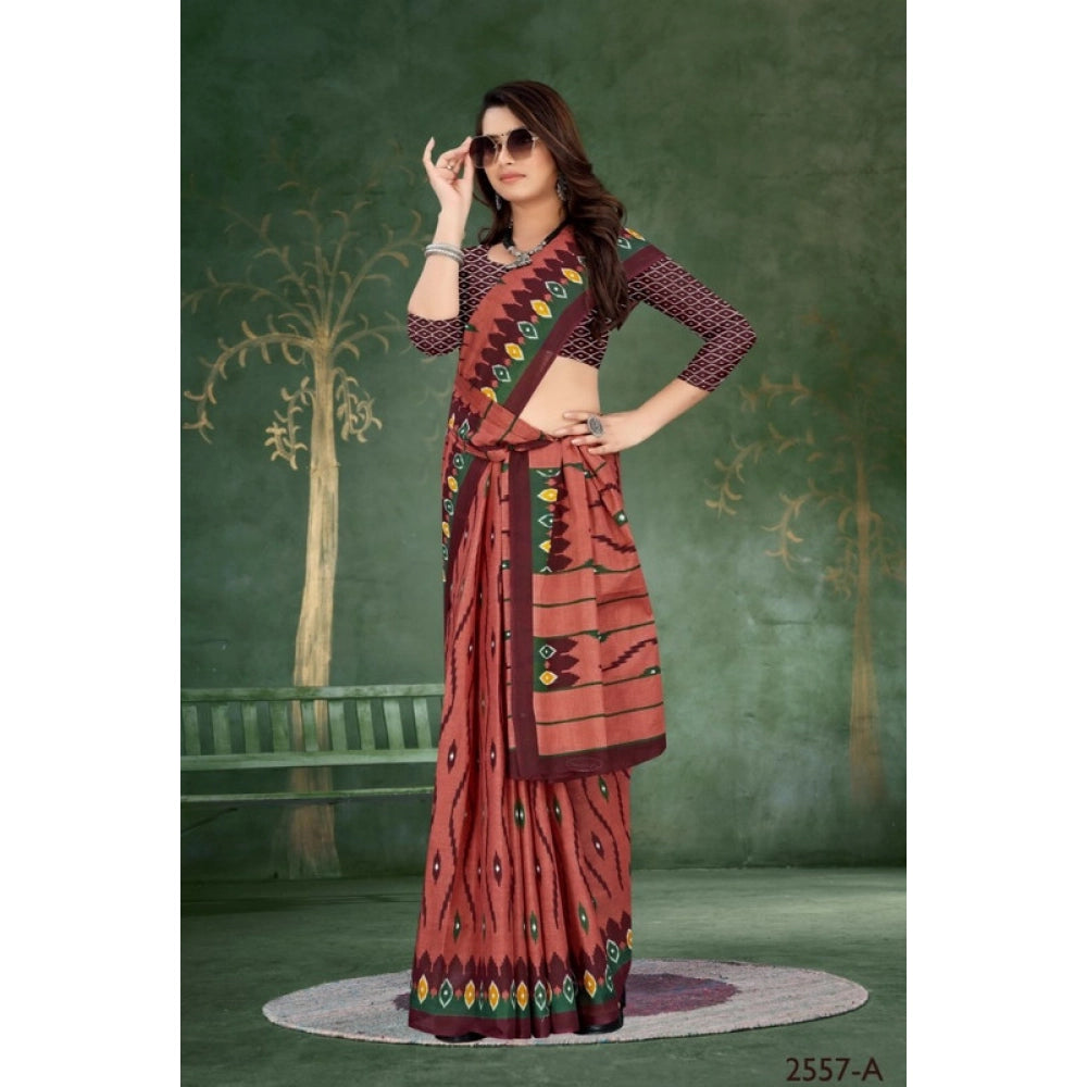 Women's Soft Pure Cotton Printed Saree With Unstitched Blouse 5.5Mtr (Brown)