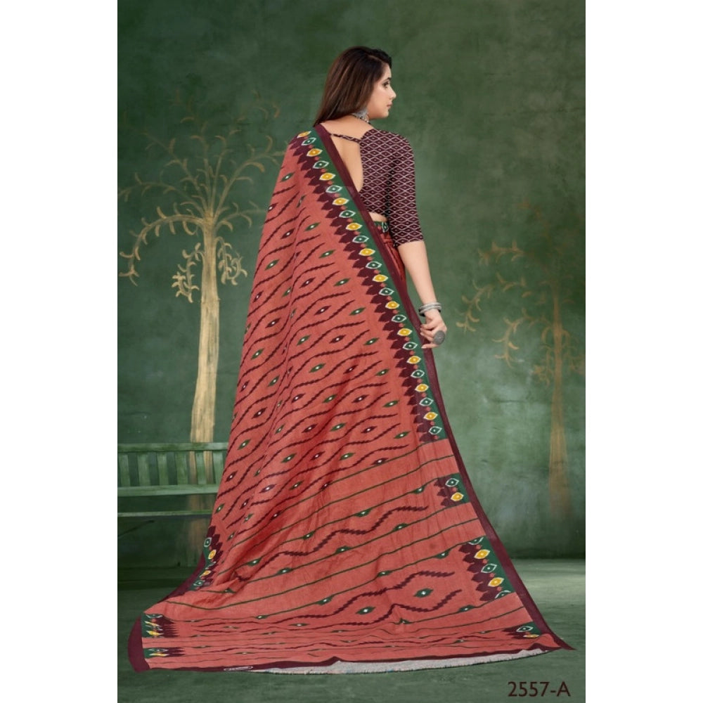Women's Soft Pure Cotton Printed Saree With Unstitched Blouse 5.5Mtr (Brown)