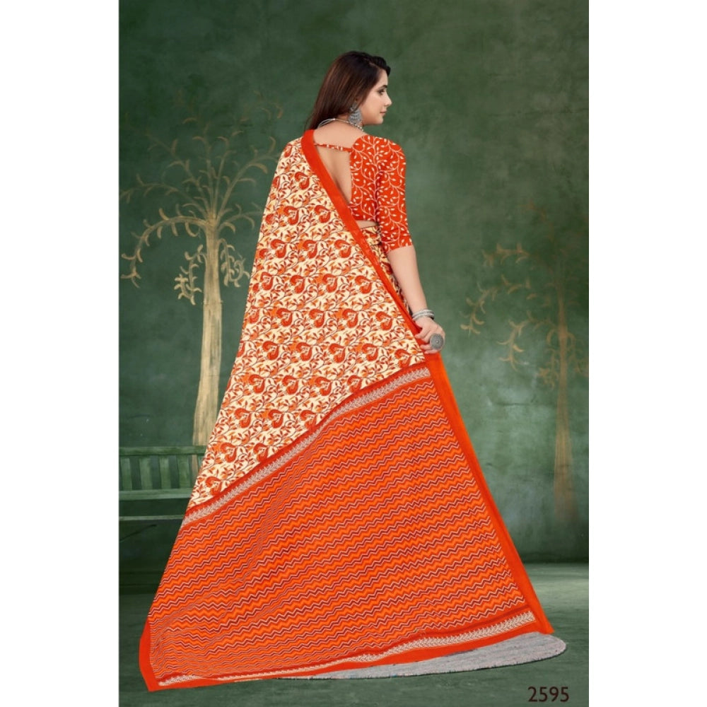 Women's Soft Pure Cotton Printed Saree With Unstitched Blouse 5.5Mtr (Orange)