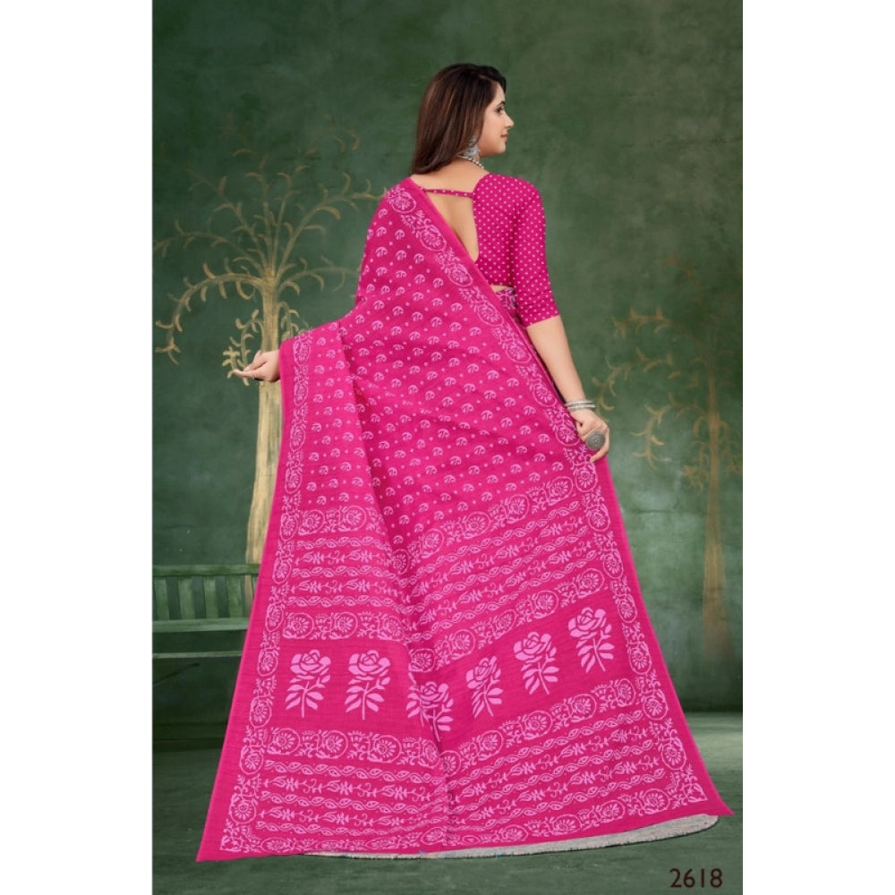 Women's Soft Pure Cotton Printed Saree With Unstitched Blouse 5.5Mtr (Pink)