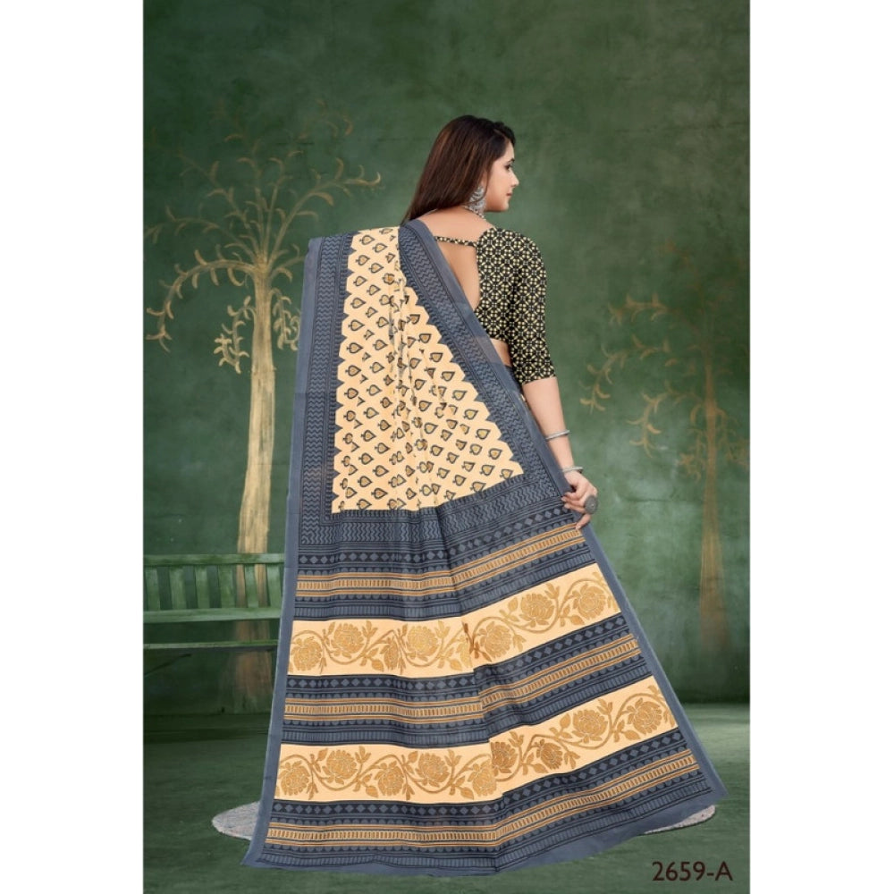 Women's Soft Pure Cotton Printed Saree With Unstitched Blouse 5.5Mtr (Cream)