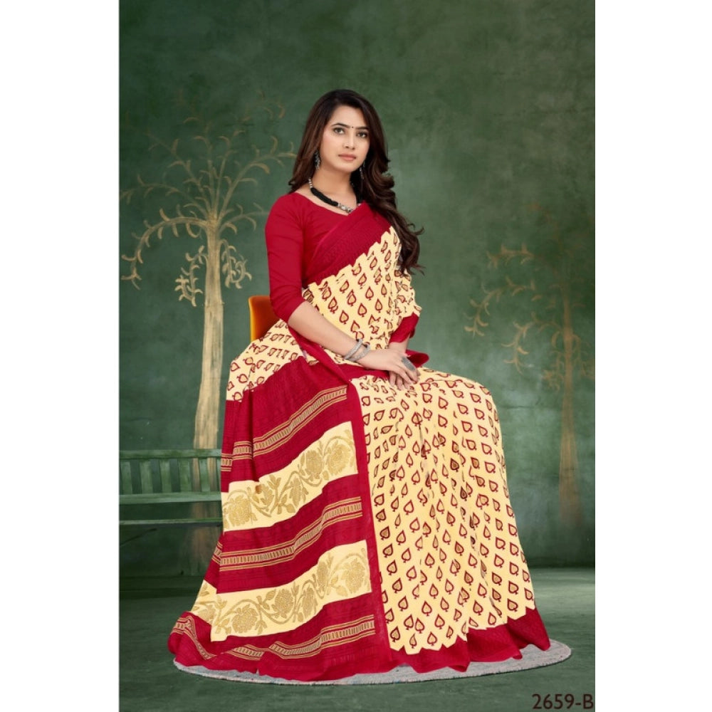 Women's Soft Pure Cotton Printed Saree With Unstitched Blouse 5.5Mtr (Beige)