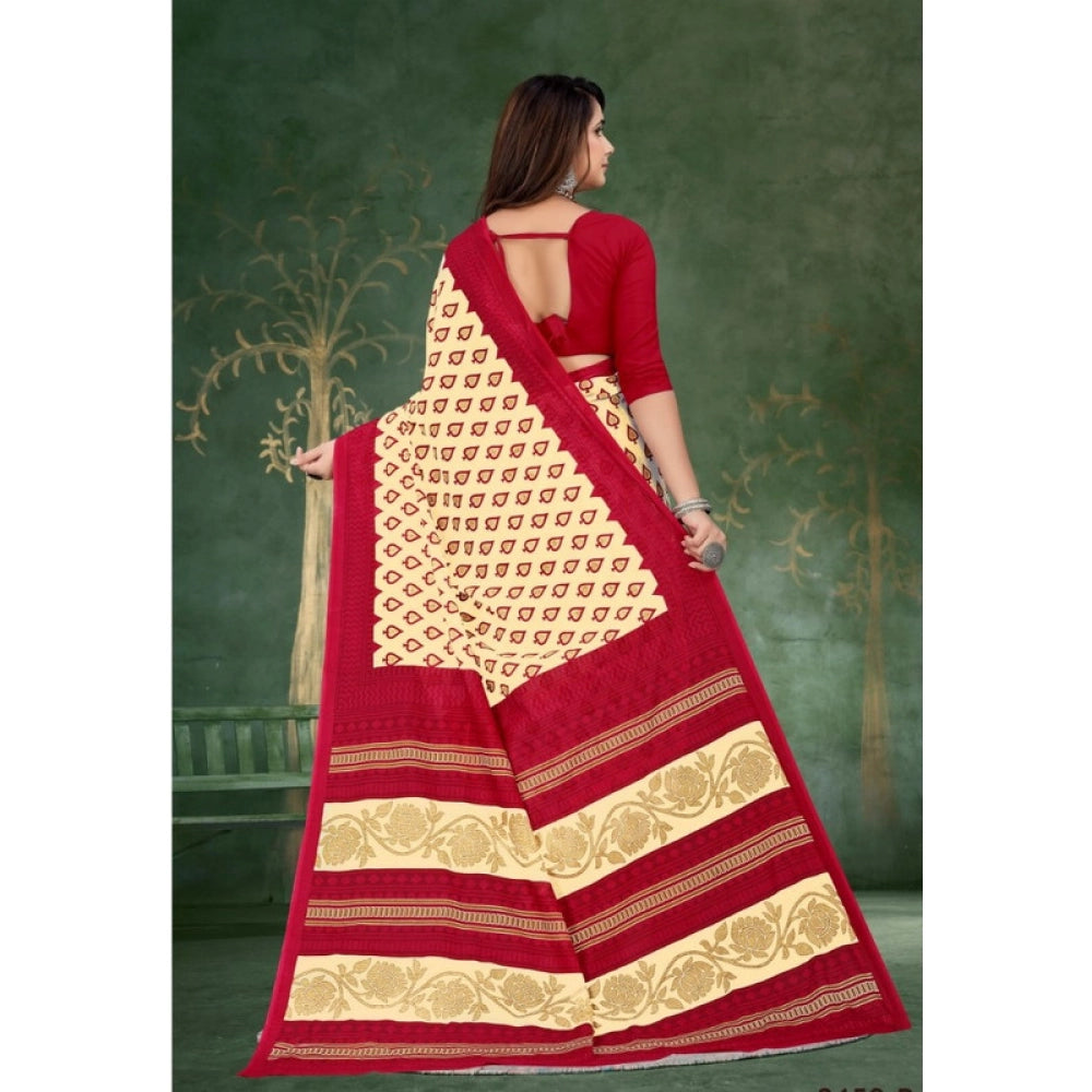 Women's Soft Pure Cotton Printed Saree With Unstitched Blouse 5.5Mtr (Beige)