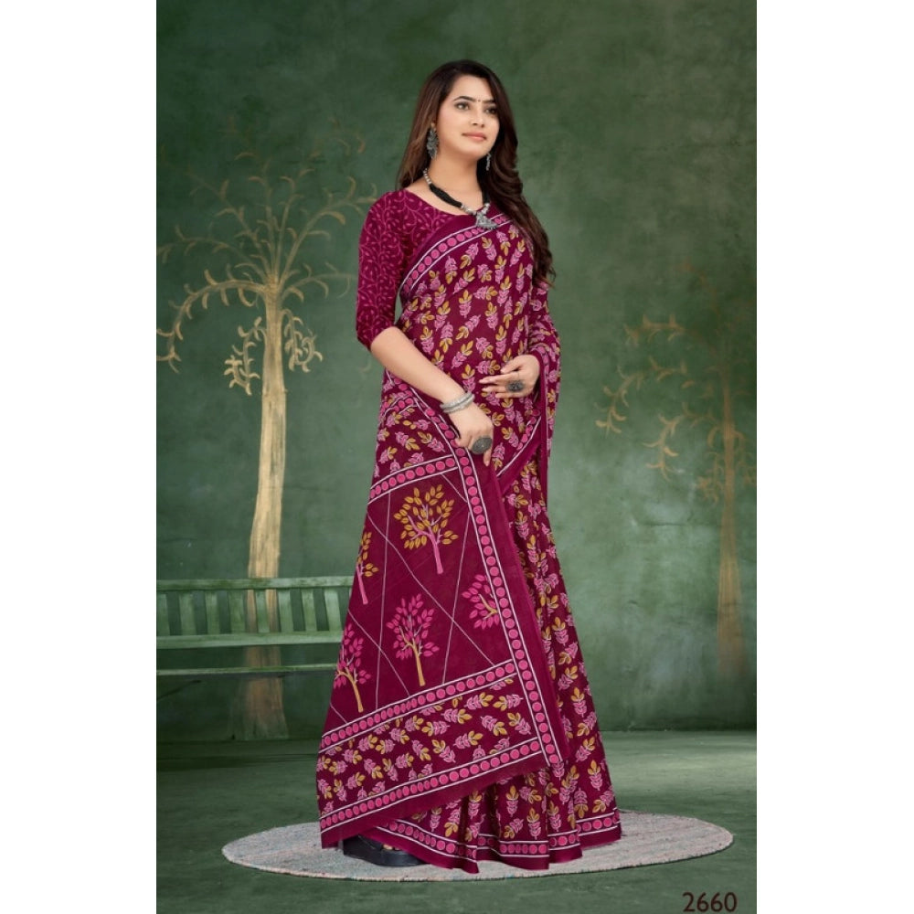Women's Soft Pure Cotton Printed Saree With Unstitched Blouse 5.5Mtr (Wine)