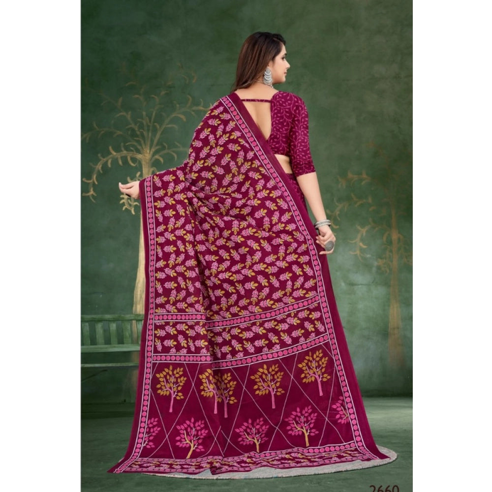 Women's Soft Pure Cotton Printed Saree With Unstitched Blouse 5.5Mtr (Wine)