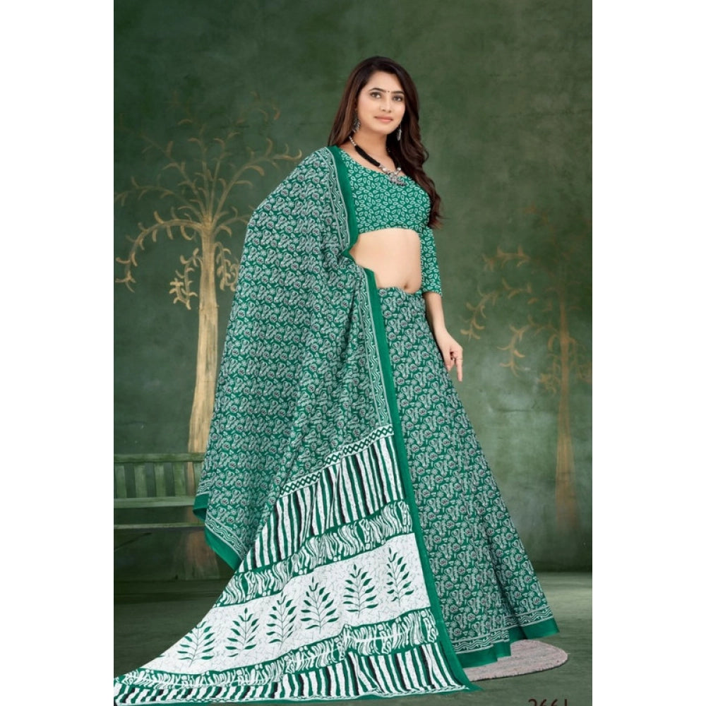 Women's Soft Pure Cotton Printed Saree With Unstitched Blouse 5.5Mtr (Green)