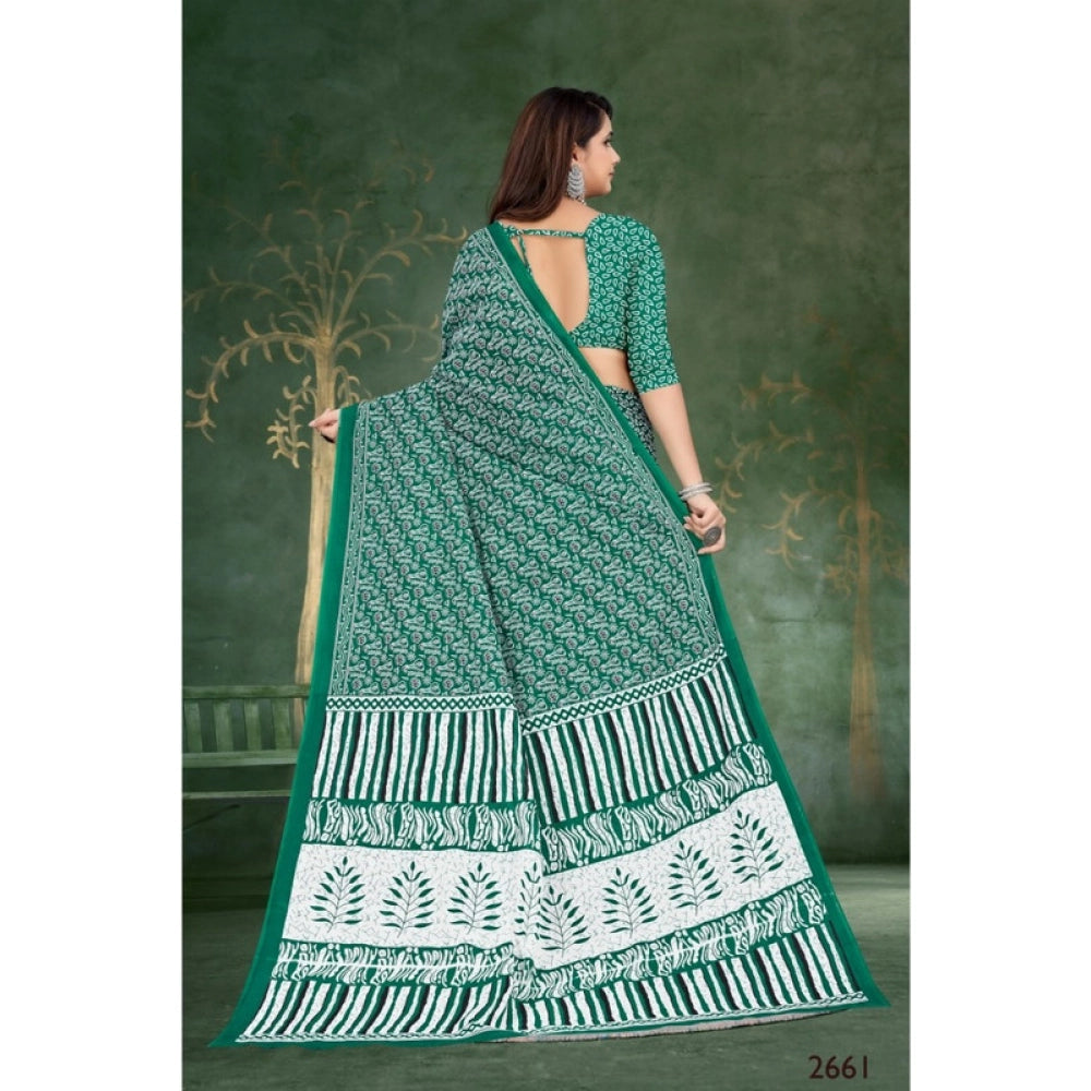 Women's Soft Pure Cotton Printed Saree With Unstitched Blouse 5.5Mtr (Green)