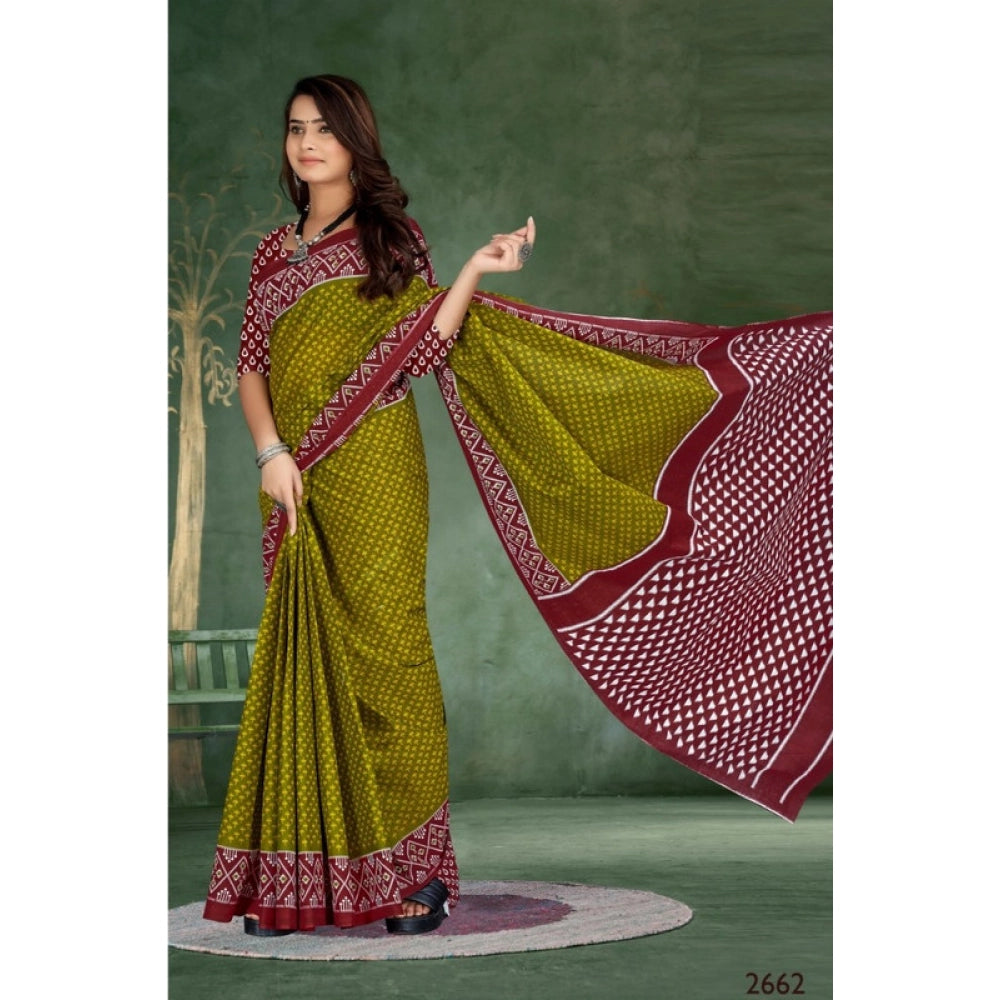 Women's Soft Pure Cotton Printed Saree With Unstitched Blouse 5.5Mtr (Mehendi green)