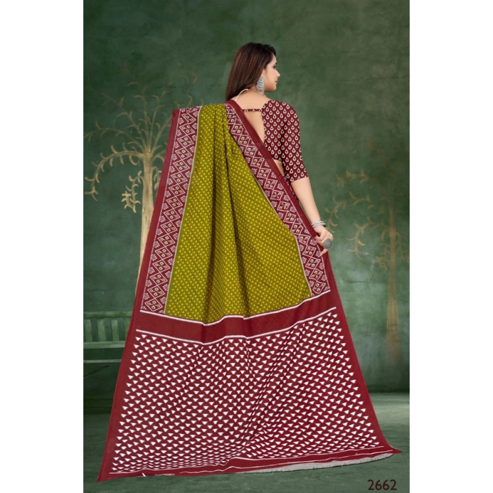 Women's Soft Pure Cotton Printed Saree With Unstitched Blouse 5.5Mtr (Mehendi green)