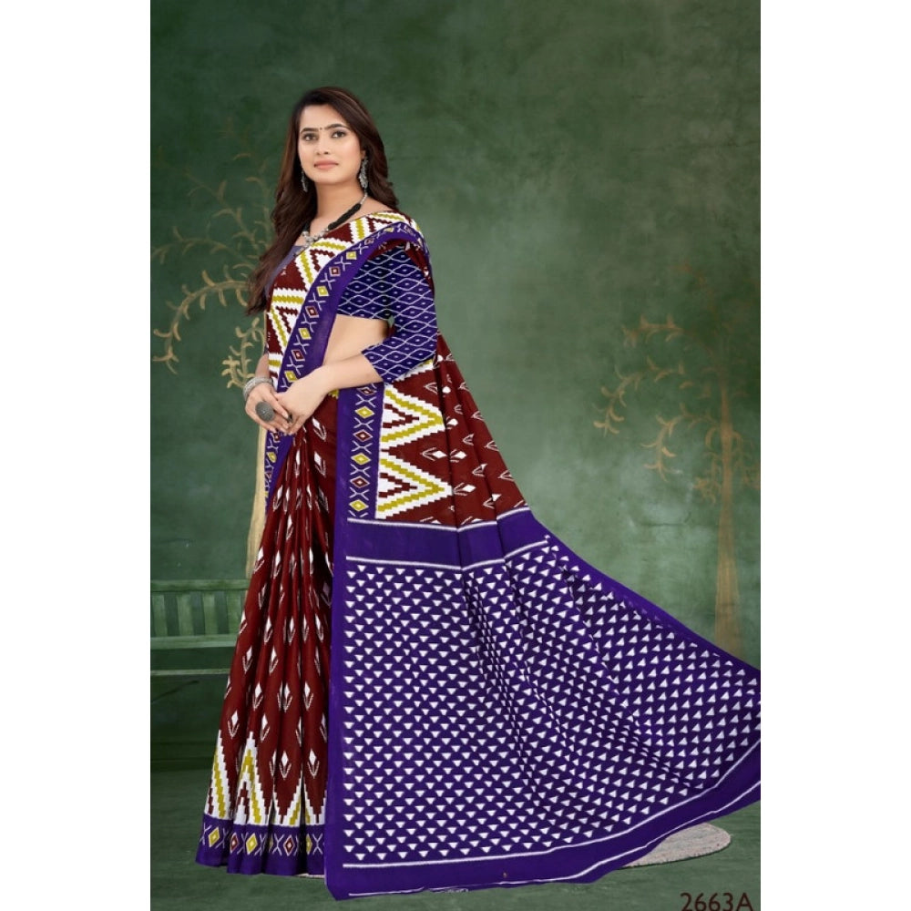 Women's Soft Pure Cotton Printed Saree With Unstitched Blouse 5.5Mtr (Brown)