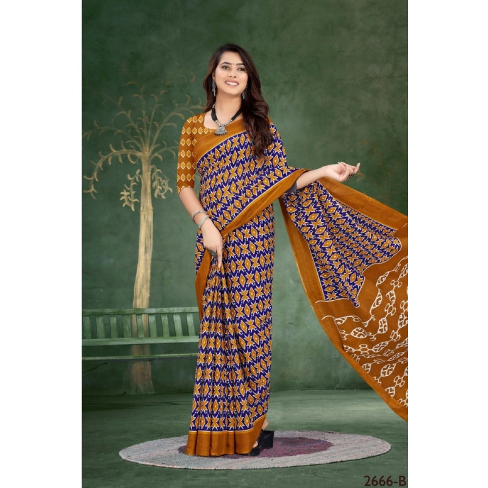 Women's Soft Pure Cotton Printed Saree With Unstitched Blouse 5.5Mtr (Blue)