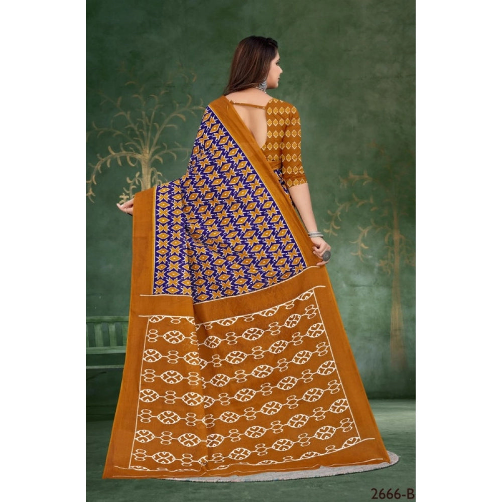 Women's Soft Pure Cotton Printed Saree With Unstitched Blouse 5.5Mtr (Blue)