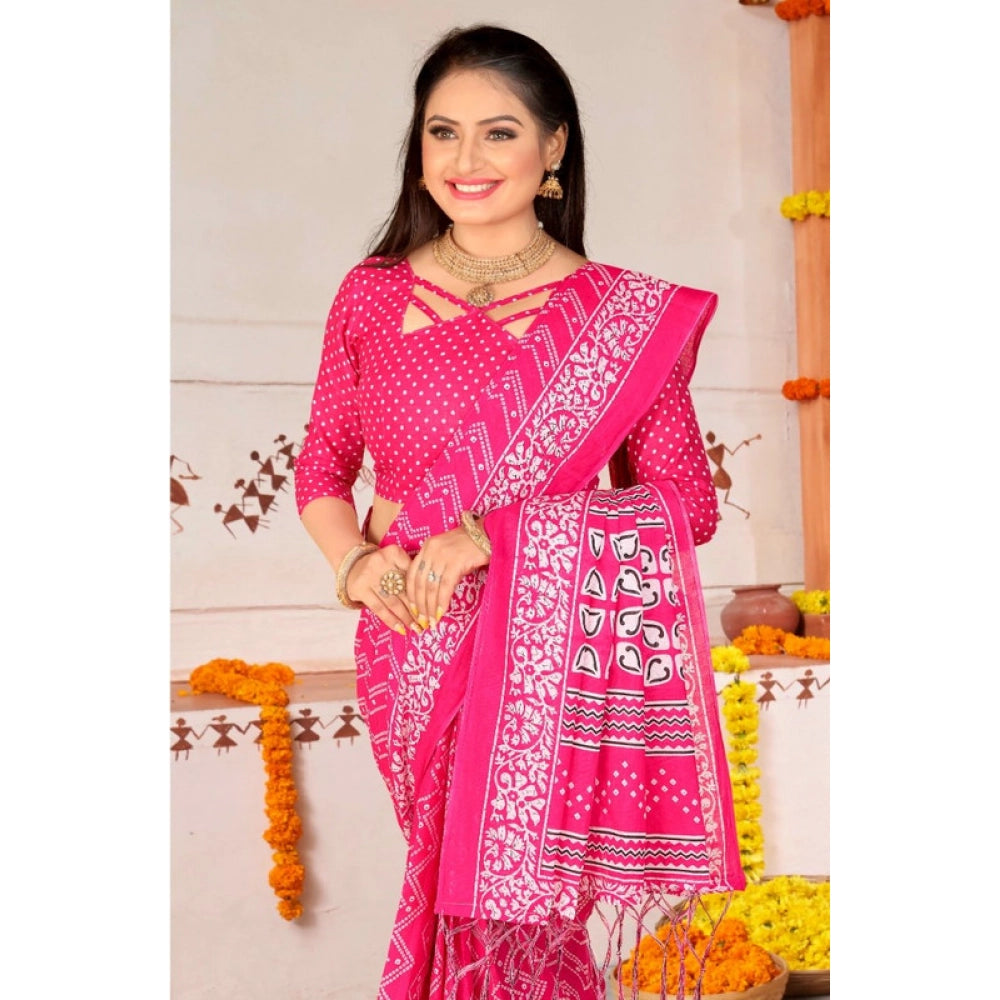 Women's Soft Pure Cotton Printed Saree With Unstitched Blouse 5.5Mtr (Pink)