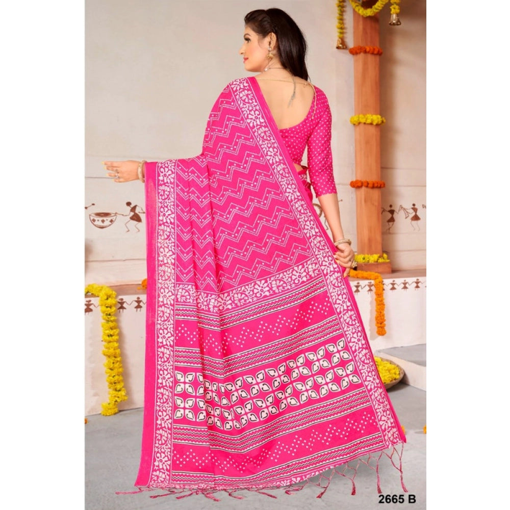 Women's Soft Pure Cotton Printed Saree With Unstitched Blouse 5.5Mtr (Pink)