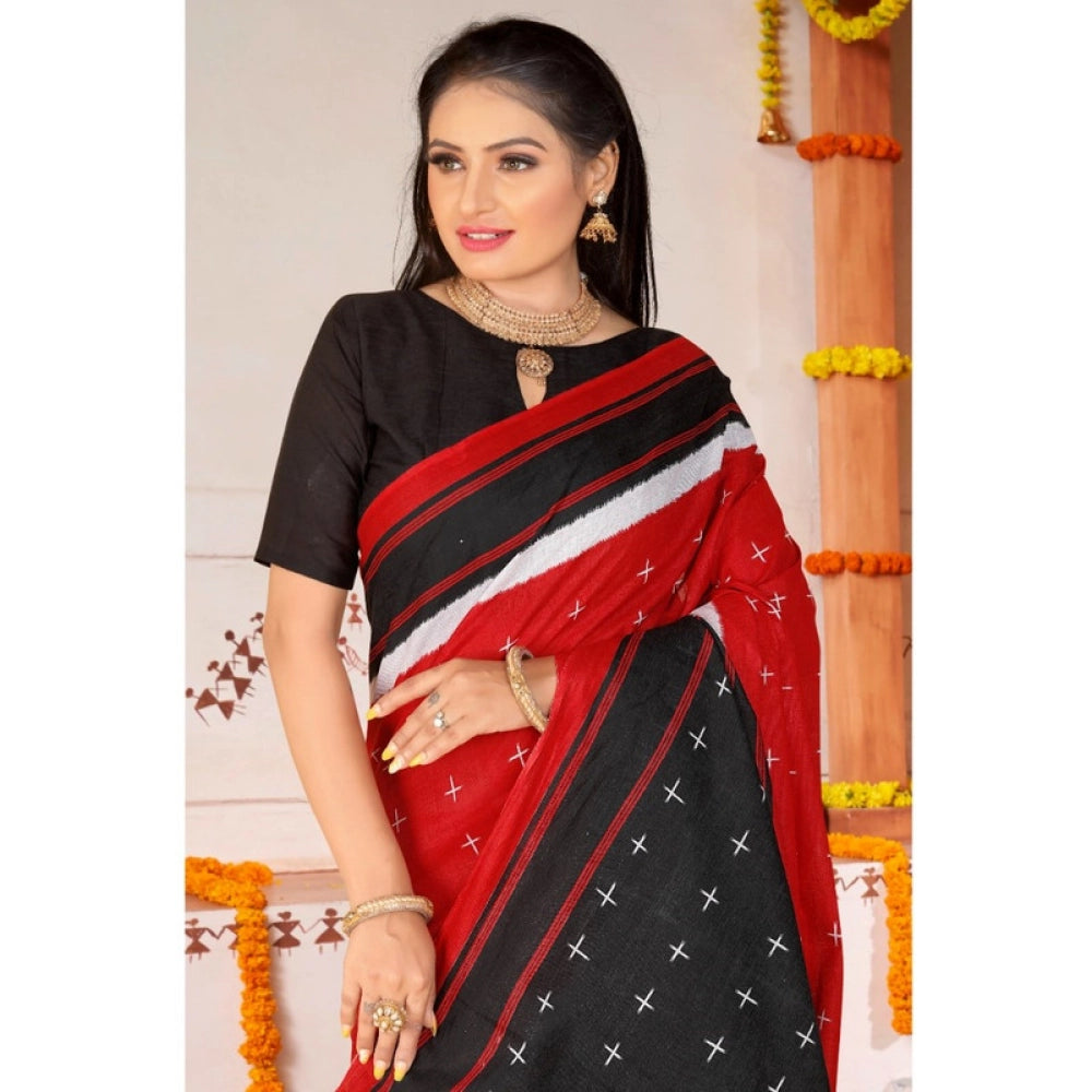 Women's Soft Pure Cotton Printed Saree With Unstitched Blouse 5.5Mtr (Red)