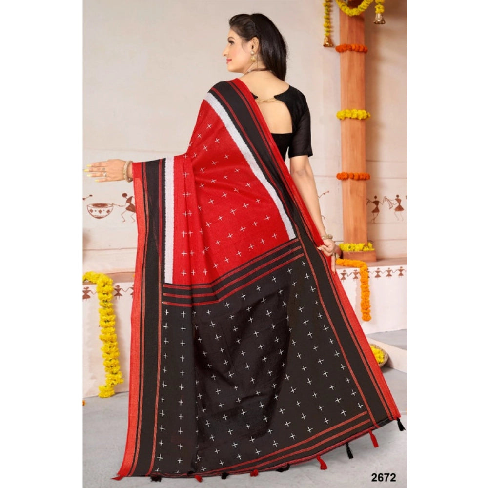 Women's Soft Pure Cotton Printed Saree With Unstitched Blouse 5.5Mtr (Red)