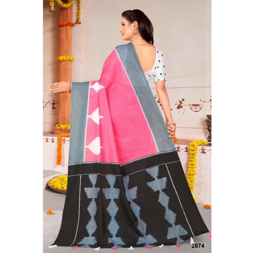Women's Soft Pure Cotton Printed Saree With Unstitched Blouse 5.5Mtr (Pink)