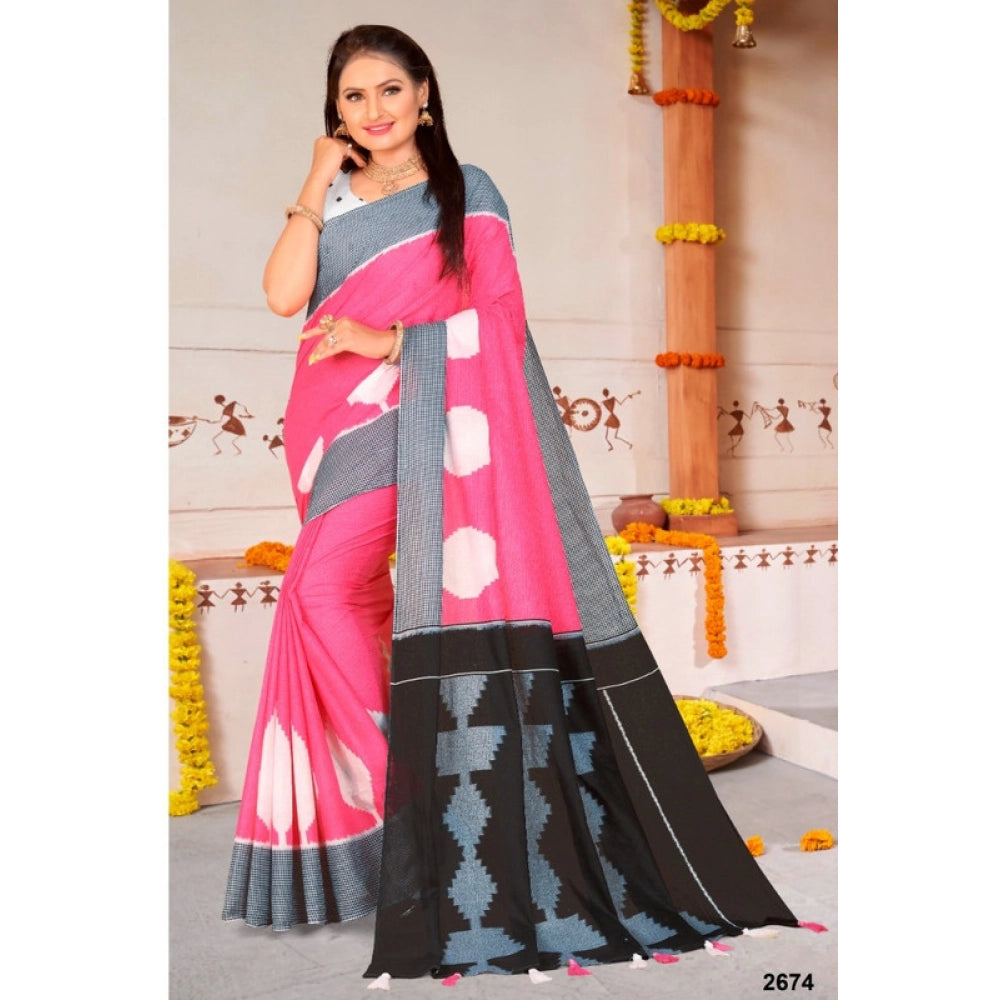 Women's Soft Pure Cotton Printed Saree With Unstitched Blouse 5.5Mtr (Pink)