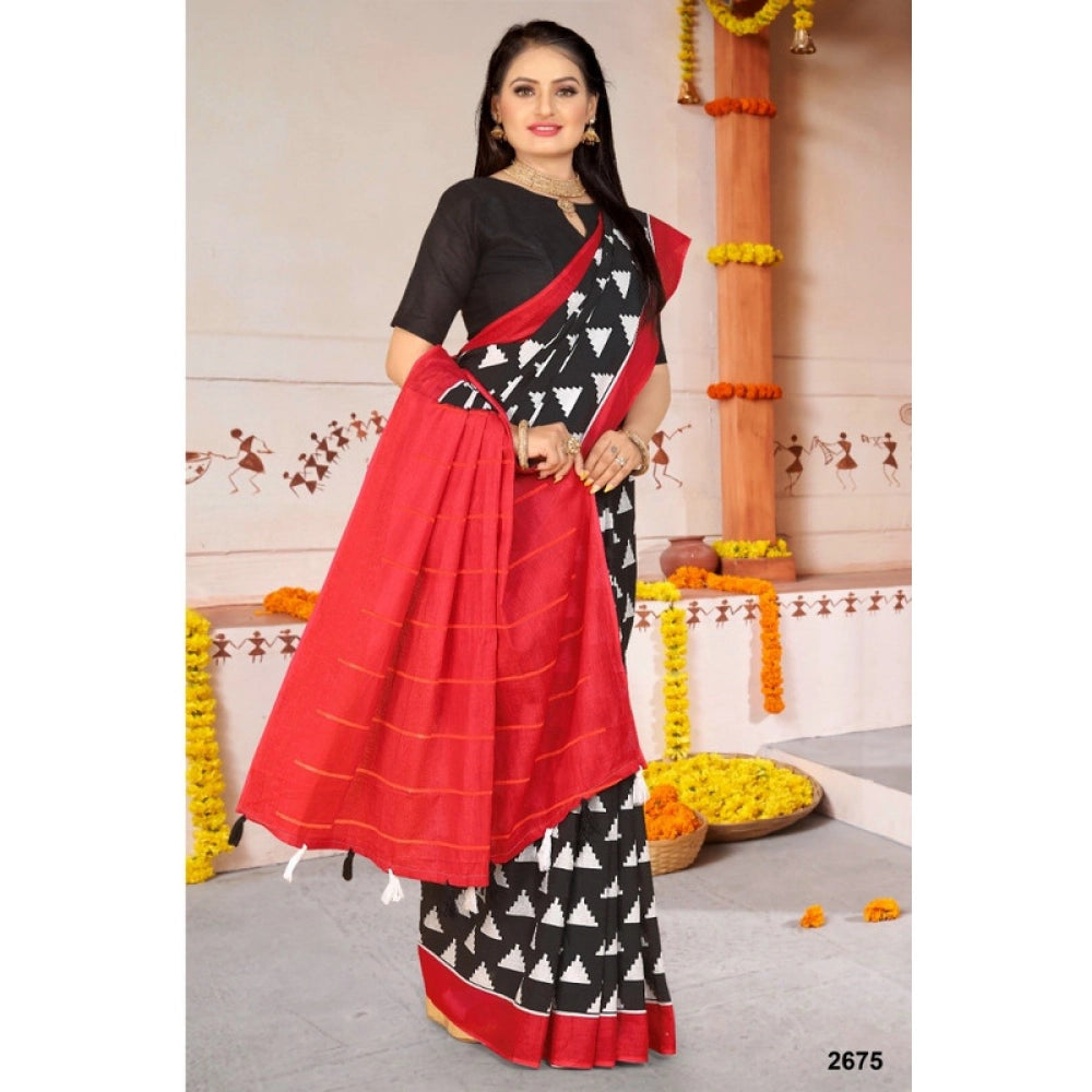 Women's Soft Pure Cotton Printed Saree With Unstitched Blouse 5.5Mtr (Black)