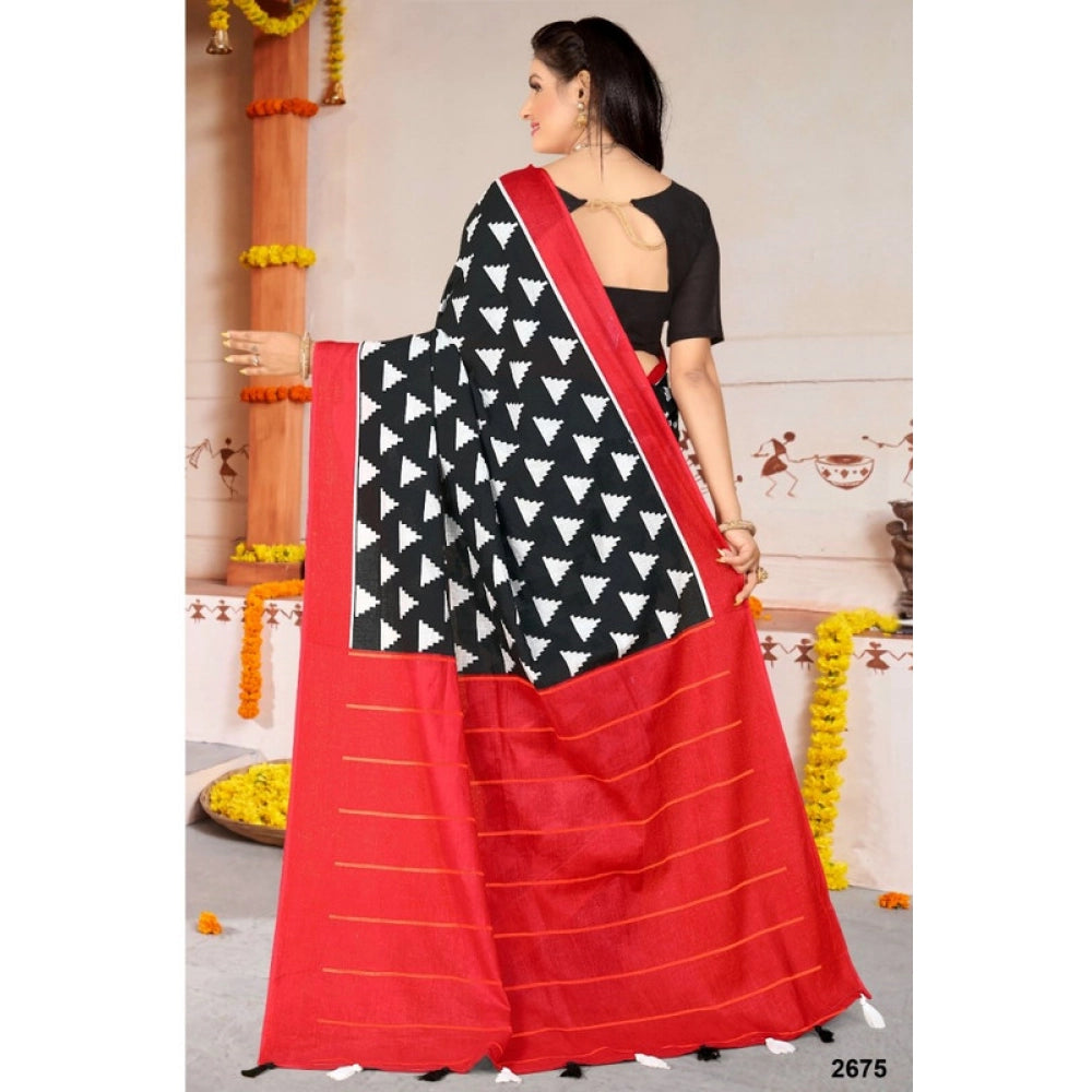 Women's Soft Pure Cotton Printed Saree With Unstitched Blouse 5.5Mtr (Black)